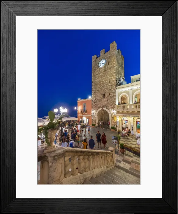 Framed Print : Taormina, Sicily Tourists visiting the main square by night Framed Print : Taormina, Sicily Tourists visiting the main square by night