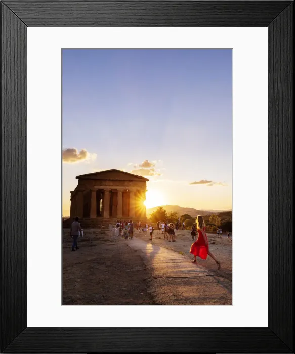 Framed Print : Agrigento, Sicily. People visiting Concordia Temple in the Valley of Temples at sunset