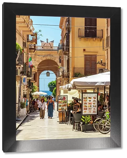 Marsala, Sicily. People visiting the town centre with restaurants
