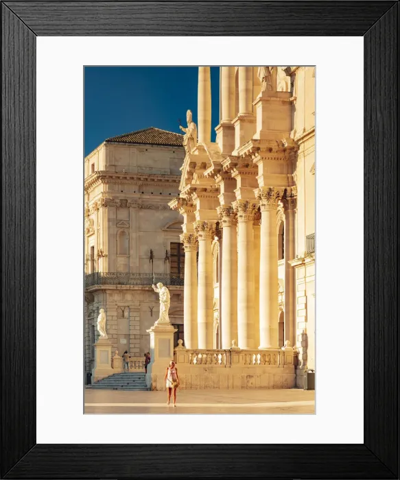 Framed Print : Siracusa, Sicily. A woman walking on the square with the Cathedral in the background Framed Print : Siracusa, Sicily. A woman walking on the square with the Cathedral in the background