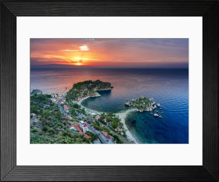 Framed Print : Taormina, Sicily. Elevated view of Isola Bella in Taormina with the sun rising Framed Print : Taormina, Sicily. Elevated view of Isola Bella in Taormina with the sun rising