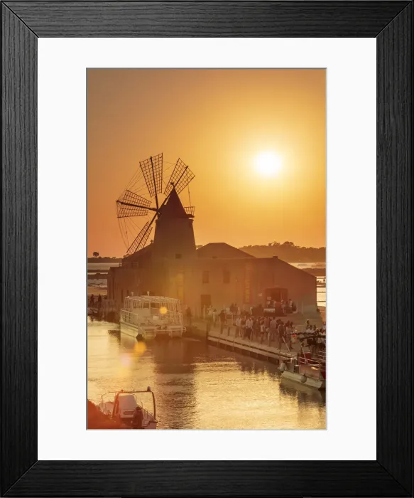 Framed Print : Marsala, Sicily. Tourists visiting the Marsala saltern at sunset with the windmill Framed Print : Marsala, Sicily. Tourists visiting the Marsala saltern at sunset with the windmill