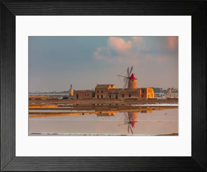 Framed Print : Marsala, Sicily. Windmills reflecting at sunrise in the saltern between Marsala Framed Print : Marsala, Sicily. Windmills reflecting at sunrise in the saltern between Marsala