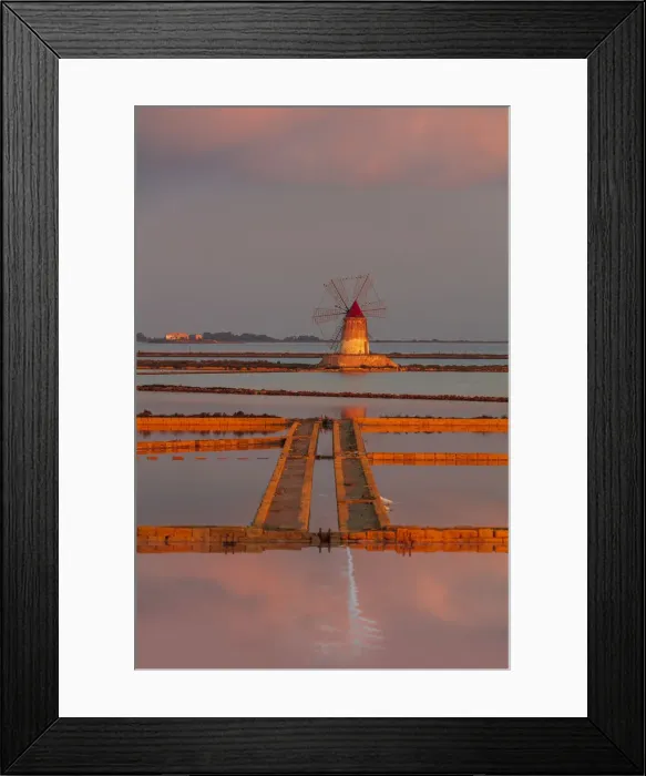 Framed Print : Marsala, Sicily. Windmills reflecting at sunrise in the saltern between Marsala Framed Print : Marsala, Sicily. Windmills reflecting at sunrise in the saltern between Marsala