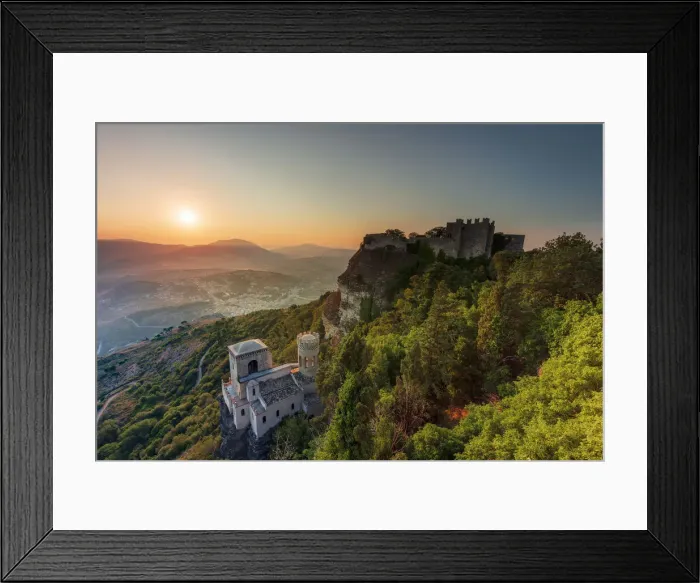 Framed Print : Erice, Sicily. The Norman castle at sunrise, view towards Monte Cofano