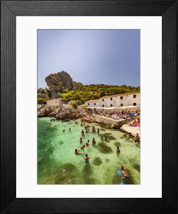 Framed Print : Scopello, Sicily. People taking a bath and sunbathing near the old tonnara Framed Print : Scopello, Sicily. People taking a bath and sunbathing near the old tonnara