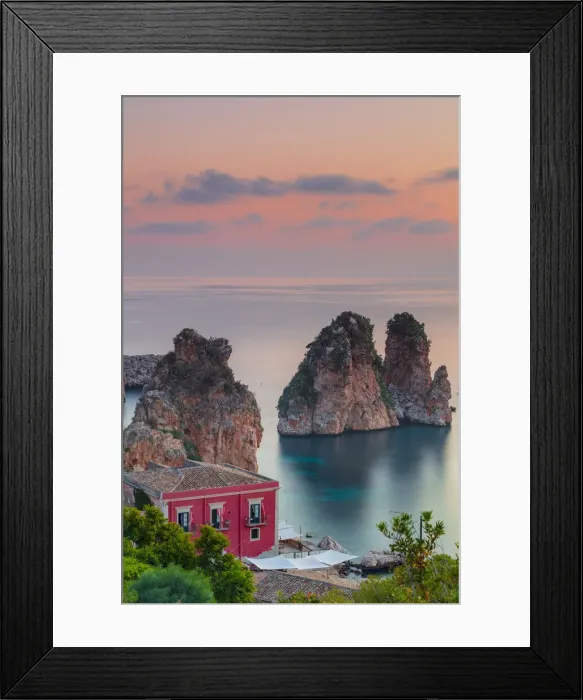 Framed Print : Scopello, Sicily. Elevated view of the tonnara and the sea stacks at dawn Framed Print : Scopello, Sicily. Elevated view of the tonnara and the sea stacks at dawn
