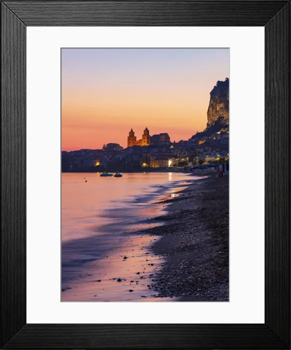 Framed Print : Cefaluaa, Sicily. View of the town with its baroque cathedral reflecting in the sea Framed Print : Cefaluaa, Sicily. View of the town with its baroque cathedral reflecting in the sea