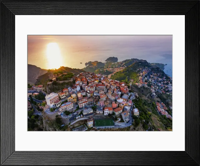 Framed Print : Taormina, Sicily. Aerial view of Taormina and Castelmola village at sunrise Framed Print : Taormina, Sicily. Aerial view of Taormina and Castelmola village at sunrise