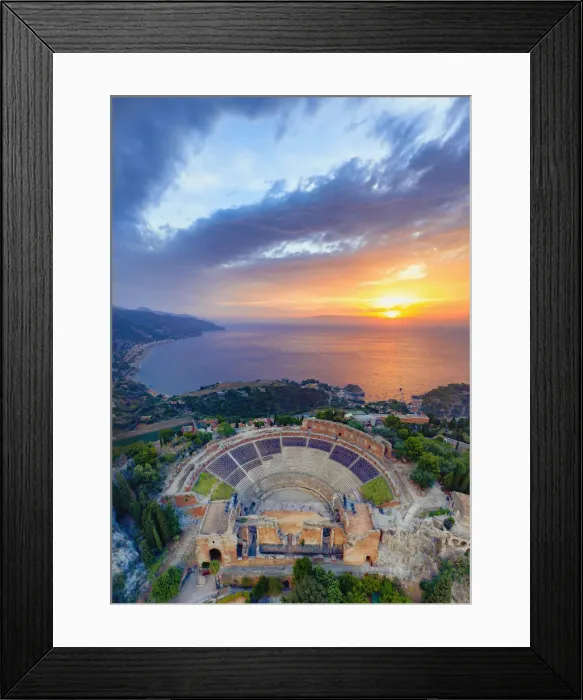 Framed Print : Taormina, Sicily. Aerial view of the Greek theater with the sun rising on the sea in