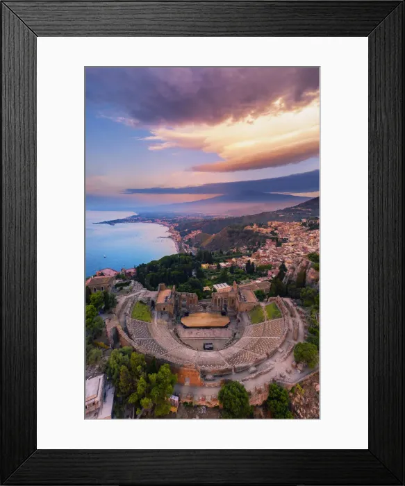 Framed Print : Taormina, Sicily. Aerial view of the Greek theater with the Etna Volcano in Framed Print : Taormina, Sicily. Aerial view of the Greek theater with the Etna Volcano in