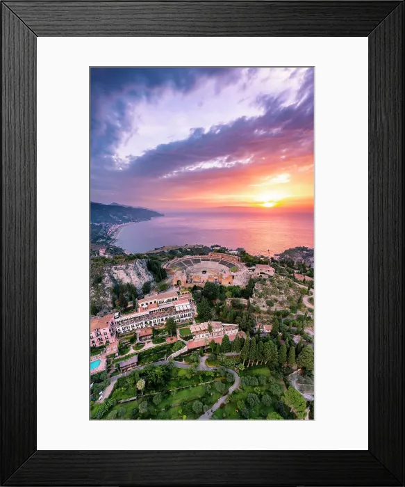 Framed Print : Taormina, Sicily. Aerial view of the Greek theater with the sun rising on the sea in