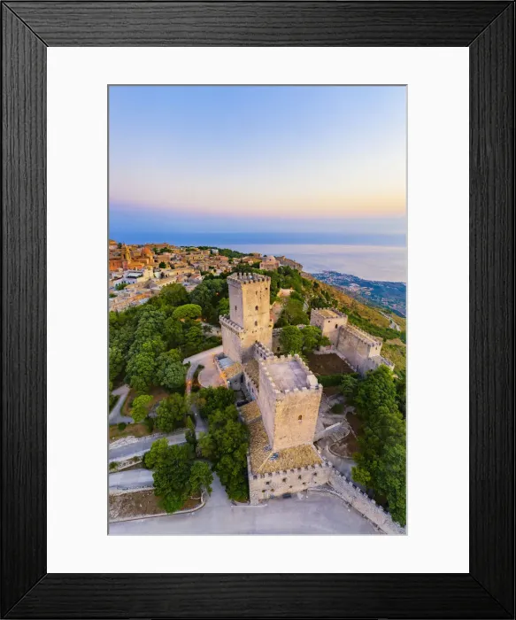 Framed Print : Erice, Sicily. Aerial of the Norman castle at sunrise, view towards Trapani Framed Print : Erice, Sicily. Aerial of the Norman castle at sunrise, view towards Trapani