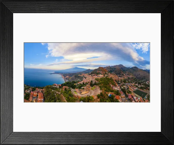 Framed Print : Taormina, Sicily. Aerial view of the Greek theater with Etna volcano in the background Framed Print : Taormina, Sicily. Aerial view of the Greek theater with Etna volcano in the background