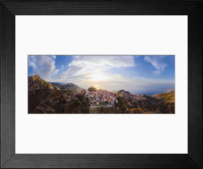 Framed Print : Taormina, Sicily. Aerial view of Castelmola village and Taormina in the background with Framed Print : Taormina, Sicily. Aerial view of Castelmola village and Taormina in the background with