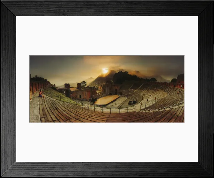 Framed Print : Taormina, Sicily. Panoramic view of the greek theater with Etna volcano in the background Framed Print : Taormina, Sicily. Panoramic view of the greek theater with Etna volcano in the background