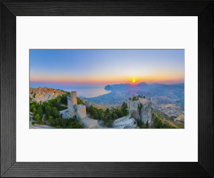 Framed Print : Erice, Sicily. Aerial view of the Norman castle at sunrise