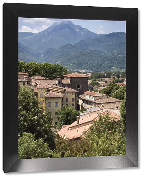 Italy, Tuscany, Serchio Valley, View of Barga and of the Apuane Alps on the background
