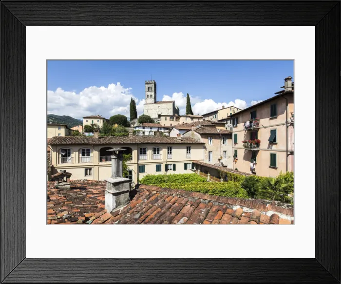 Framed Print : Italy, Tuscany, Serchio Valley, View of the cathedral of Barga from a terrace in Framed Print : Italy, Tuscany, Serchio Valley, View of the cathedral of Barga from a terrace in