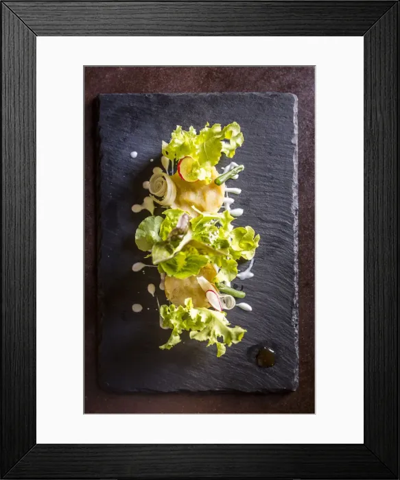 Framed Print : Italy, Serchio Valley. Garfagnanas trout marinated in citrus fruits with garden of Framed Print : Italy, Serchio Valley. Garfagnanas trout marinated in citrus fruits with garden of