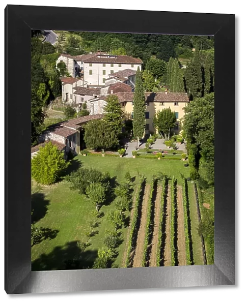 Italy, Serchio Valley, Aerial view of Casa Pascoli Museum at Castelvecchio