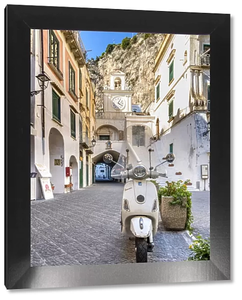 Vespa scooter parked in Atrani, Amalfi coast, Campania, Italy