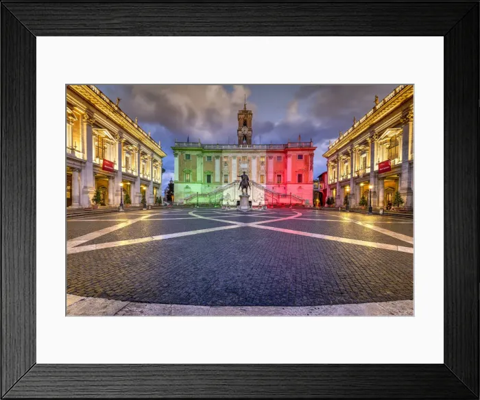Framed Print : Piazza del Campidoglio with Palazzo Senatorio illuminated with the colors of the Italian Framed Print : Piazza del Campidoglio with Palazzo Senatorio illuminated with the colors of the Italian