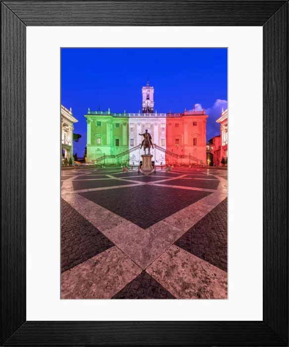 Framed Print : Piazza del Campidoglio with Palazzo Senatorio illuminated with the colors of the Italian Framed Print : Piazza del Campidoglio with Palazzo Senatorio illuminated with the colors of the Italian