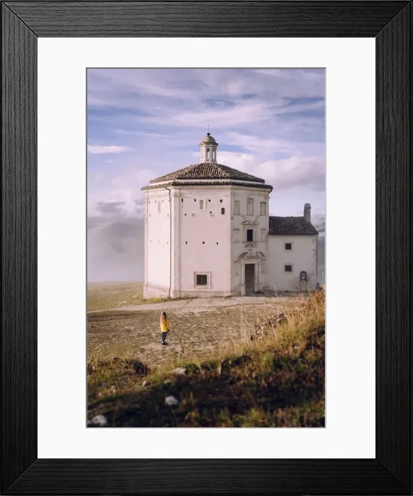 Framed Print : Santa Maria della Pieta church and woman in Abruzzo, Italy Framed Print : Santa Maria della Pieta church and woman in Abruzzo, Italy