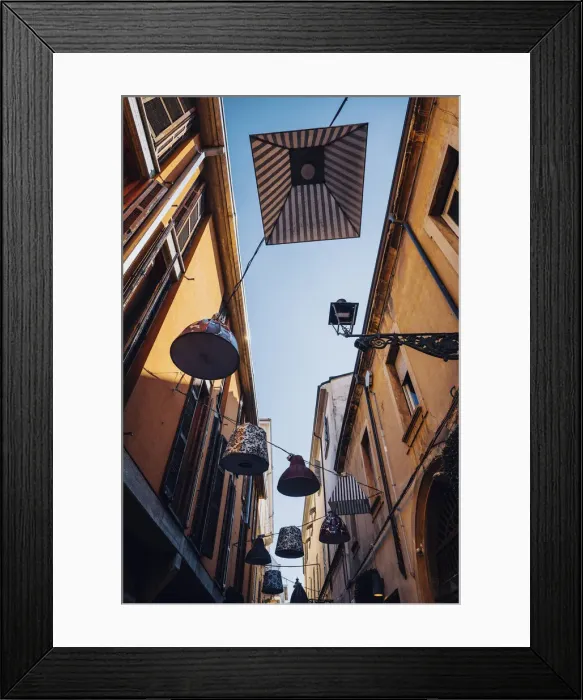 Framed Print : Parma, Illuminations installation with lampshades and buildings, Emilia Romagna, Italy Framed Print : Parma, Illuminations installation with lampshades and buildings, Emilia Romagna, Italy