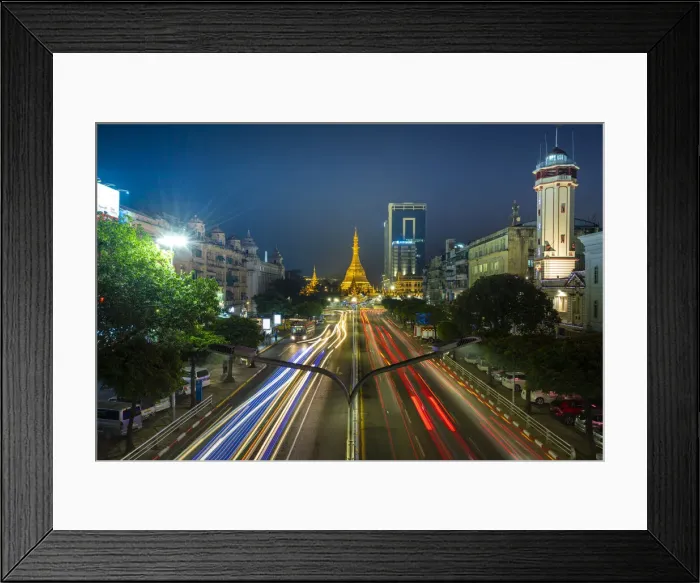 Framed Print : Light trails on street by Sule Pagoda against sky at night, Yangon, Yangon Region Framed Print : Light trails on street by Sule Pagoda against sky at night, Yangon, Yangon Region
