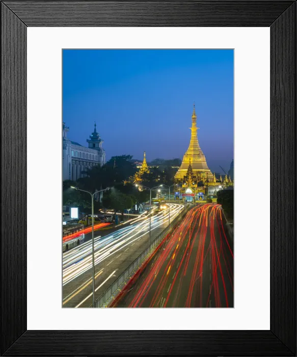 Framed Print : Light trails on street by Sule Pagoda against sky at night, Yangon, Yangon Region