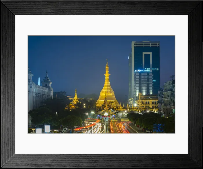 Framed Print : Light trails on street by Sule Pagoda against sky at night, Yangon, Yangon Region Framed Print : Light trails on street by Sule Pagoda against sky at night, Yangon, Yangon Region