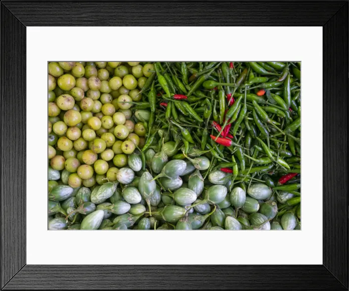Framed Print : Top view of gooseberry, chili peppers and baby eggplant at local market, Lake Inle Framed Print : Top view of gooseberry, chili peppers and baby eggplant at local market, Lake Inle