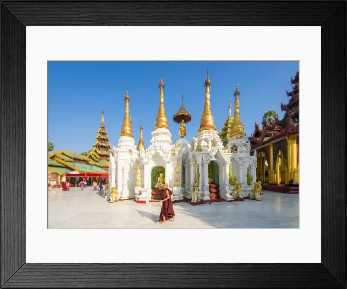 Framed Print : Monk walking by White temple in Shwedagon Pagoda complex, Yangon, Yangon Region, Myanmar Framed Print : Monk walking by White temple in Shwedagon Pagoda complex, Yangon, Yangon Region, Myanmar