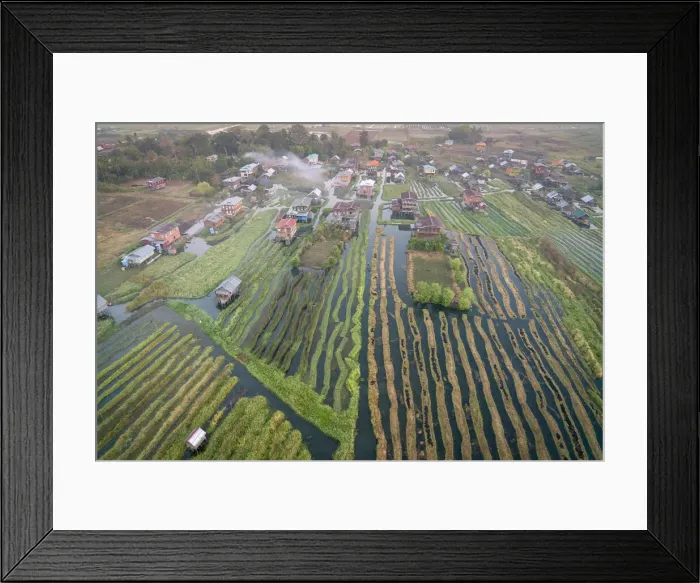 Framed Print : Aerial view of village and floating gardens before sunrise, Lake Inle Framed Print : Aerial view of village and floating gardens before sunrise, Lake Inle