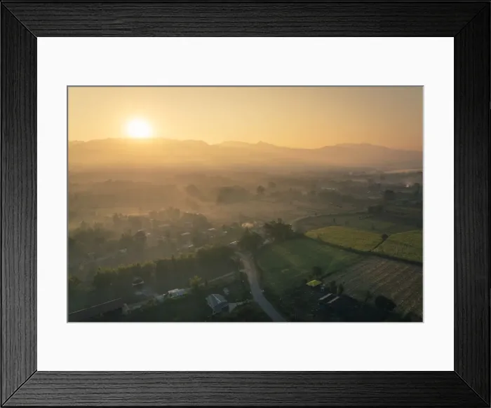 Framed Print : Sun rising over mountains and fields by Lake Inle, Nyaungshwe Township, Taunggyi District Framed Print : Sun rising over mountains and fields by Lake Inle, Nyaungshwe Township, Taunggyi District