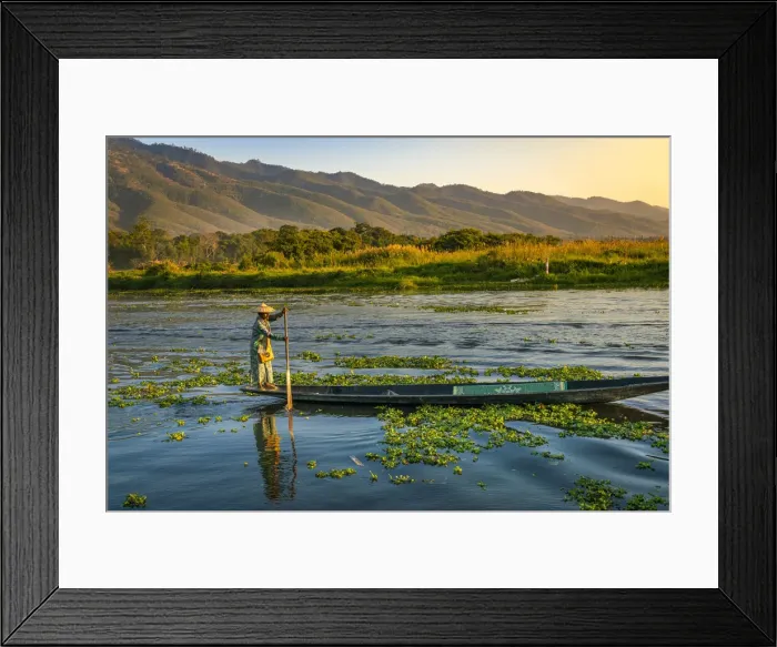 Framed Print : Woman paddling a boat seen from Maing Thauk Bridge (AKA Maing Thouk), Lake Inle Framed Print : Woman paddling a boat seen from Maing Thauk Bridge (AKA Maing Thouk), Lake Inle