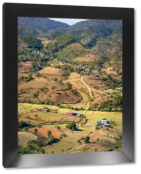 Scenic view of mountainous countryside and fields near Kalaw, Kalaw Township