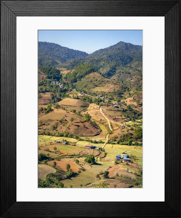 Framed Print : Scenic view of mountainous countryside and fields near Kalaw, Kalaw Township Framed Print : Scenic view of mountainous countryside and fields near Kalaw, Kalaw Township