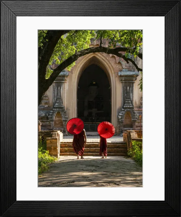 Framed Print : Two novice Buddhist monks with red umbrellas walking to temple, Bagan, Mandalay Region Framed Print : Two novice Buddhist monks with red umbrellas walking to temple, Bagan, Mandalay Region