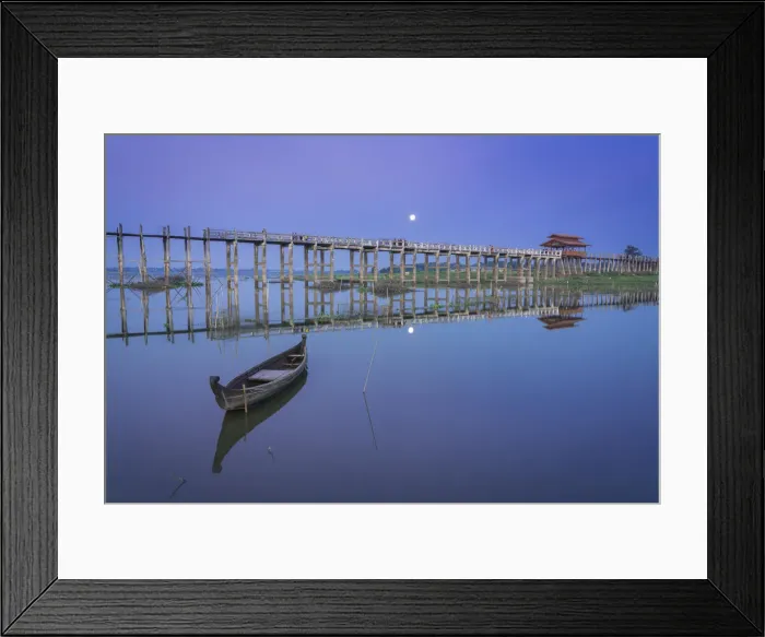 Framed Print : Wooden boat by U Bein bridge against sky, Amarapura, Amarapura Township, Mandalay Framed Print : Wooden boat by U Bein bridge against sky, Amarapura, Amarapura Township, Mandalay