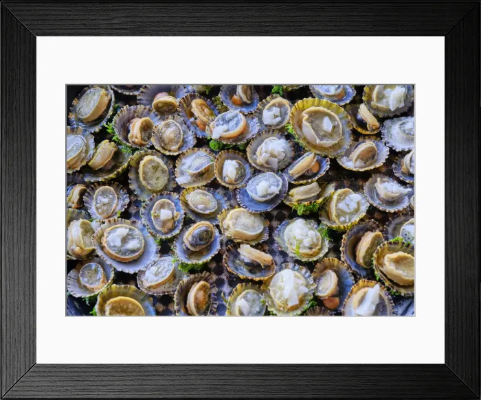 Framed Print : Grilled limpets with garlic, a delicacy. Moledo do Minho, Portugal Framed Print : Grilled limpets with garlic, a delicacy. Moledo do Minho, Portugal