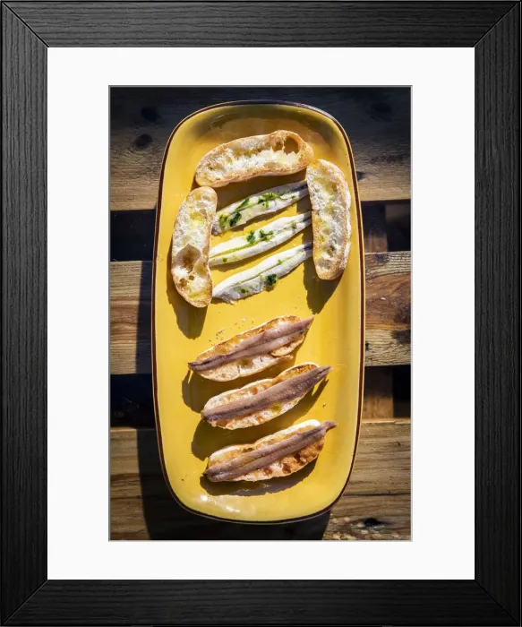 Framed Print : Europe, Spain, Catalonia, La Escala, Anchovies tasting at the end of the guided tour of Framed Print : Europe, Spain, Catalonia, La Escala, Anchovies tasting at the end of the guided tour of