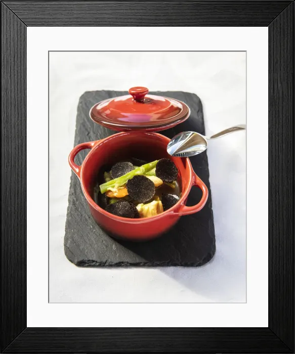 Framed Print : Spain, Aragon, Mora de Rubielos, Fresh vegetable soup with black truffle velouta©at Framed Print : Spain, Aragon, Mora de Rubielos, Fresh vegetable soup with black truffle velouta©at