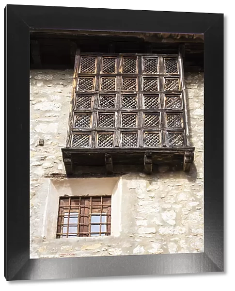 Spain, Aragon, Mirambel, Typical houses with wood decoration in the centre of Mirambel