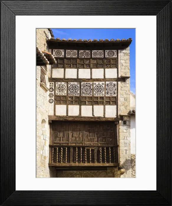 Framed Print : Spain, Aragon, Mirambel, Wood decoration in the balcony of the Portal de las Monjas house Framed Print : Spain, Aragon, Mirambel, Wood decoration in the balcony of the Portal de las Monjas house