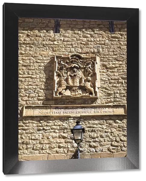 Spain, Aragon, Cantavieja, High relief decoration on the faazade of the town hall