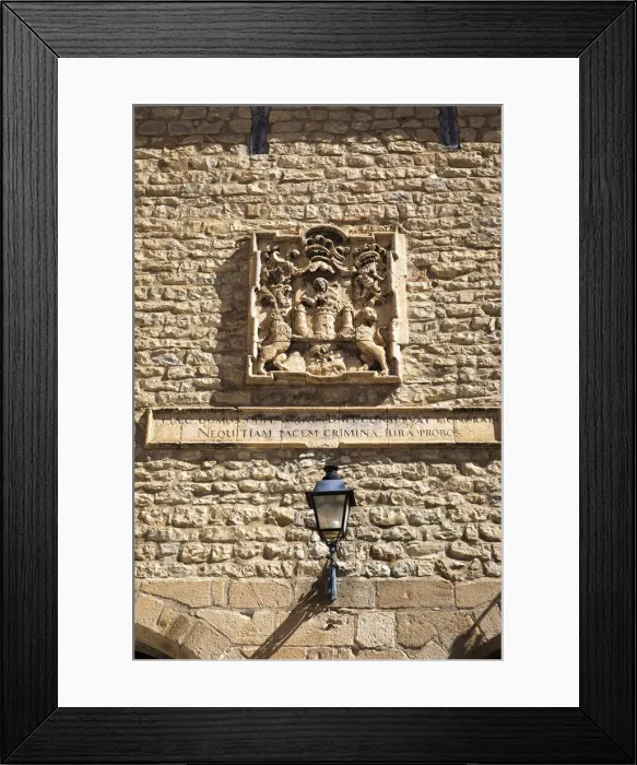 Framed Print : Spain, Aragon, Cantavieja, High relief decoration on the faazade of the town hall Framed Print : Spain, Aragon, Cantavieja, High relief decoration on the faazade of the town hall