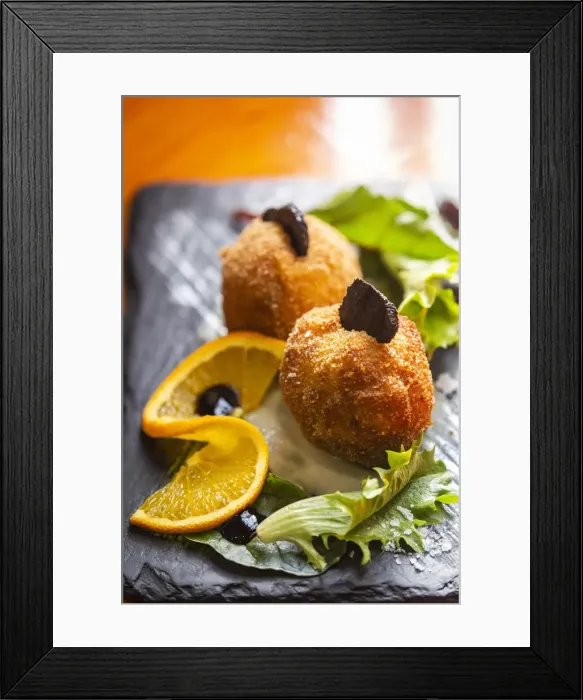 Framed Print : Spain, Aragon, Mora de Rubielos, Croquettes of carrot foam, nitrogen and truffle Framed Print : Spain, Aragon, Mora de Rubielos, Croquettes of carrot foam, nitrogen and truffle